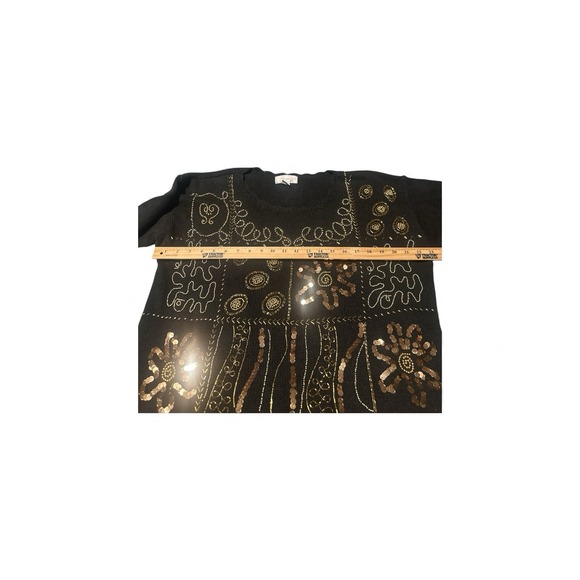 Vintage 80s 90s Margule's Gold Sequin & Beaded Black Ramie Sweater Size Med - Picture 3 of 5